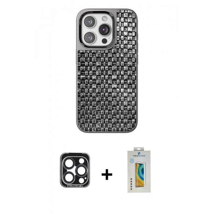 MARSİLYAN™- iPhone 15 Pro Max Kılıf Siluet Form Serisi - Siyah Polymer Nano Ekran Koruyucu + PVD Metal Kamera Lens - LT