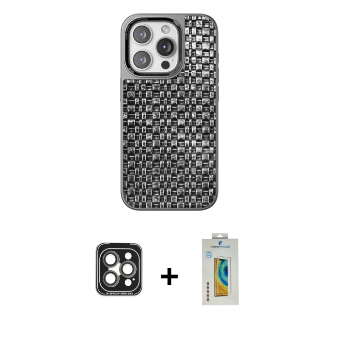 MARSİLYAN™- iPhone 15 Pro Max Kılıf Siluet Form Serisi - Siyah Polymer Nano Ekran Koruyucu + PVD Metal Kamera Lens - GI