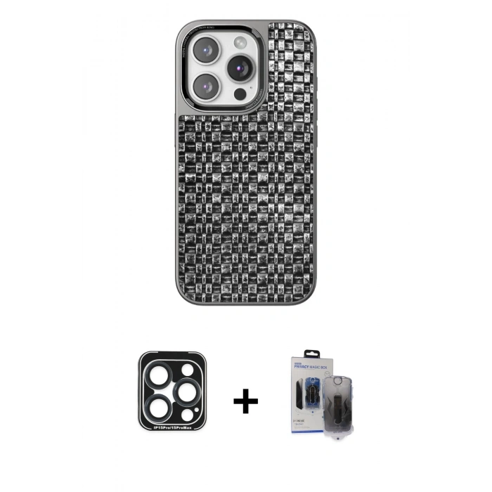 MARSİLYAN™- iPhone 15 Pro Max Kılıf Siluet Form Serisi - Siyah Vanessa Magic Hayalet Cam + PVD Metal Kamera Lens - LT