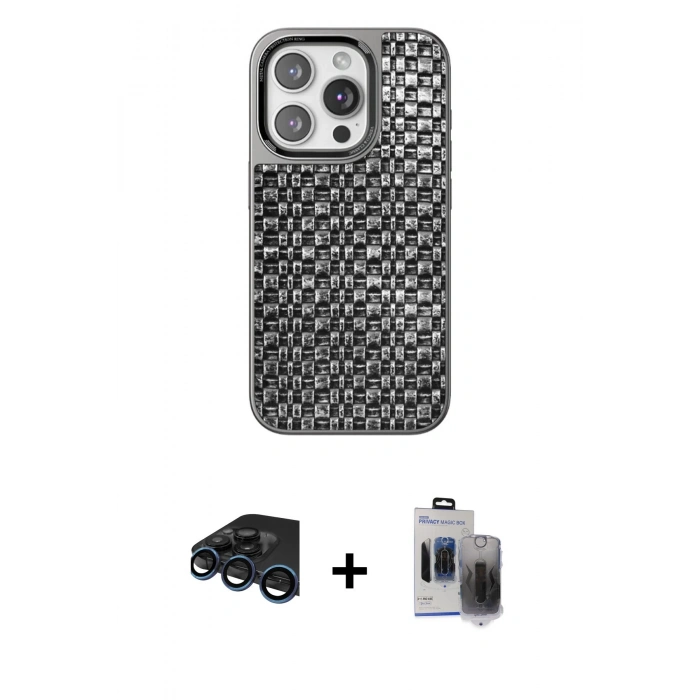 MARSİLYAN™- iPhone 15 Pro Max Kılıf Siluet Form Serisi - Siyah Vanessa Magic Hayalet Cam + Raze Metal Kamera Lens - LT