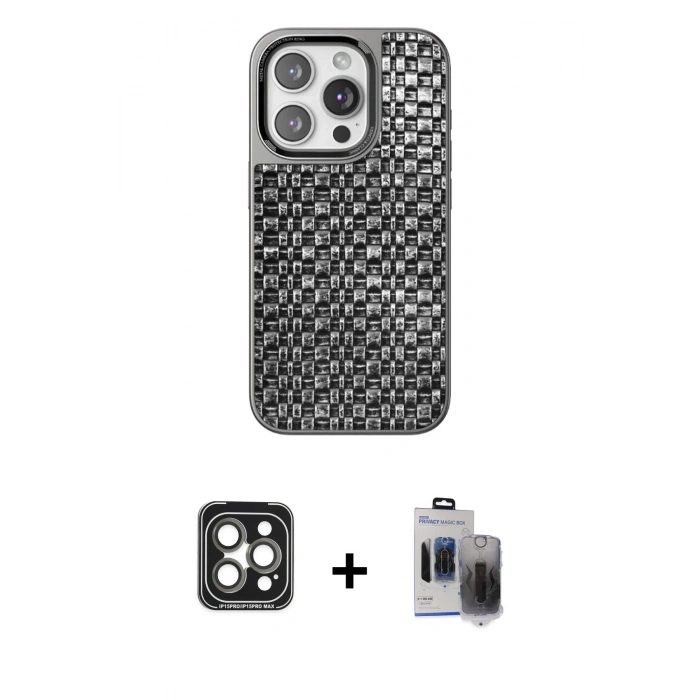 MARSİLYAN™- iPhone 15 Pro Max Kılıf Siluet Form Serisi - Siyah Vanessa Magic Hayalet Cam + PVD Metal Kamera Lens - GI