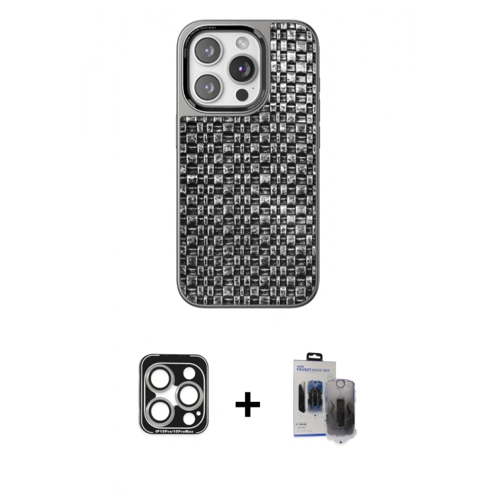 MARSİLYAN™- iPhone 15 Pro Max Kılıf Siluet Form Serisi - Siyah Vanessa Magic Hayalet Cam + PVD Metal Kamera Lens - GS