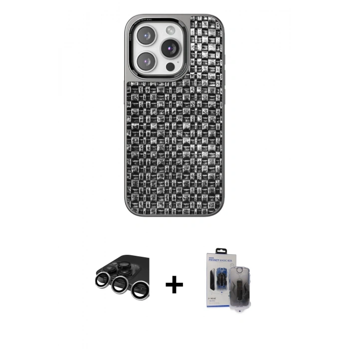MARSİLYAN™- iPhone 15 Pro Max Kılıf Siluet Form Serisi - Siyah Vanessa Magic Hayalet Cam + Raze Metal Kamera Lens - GS