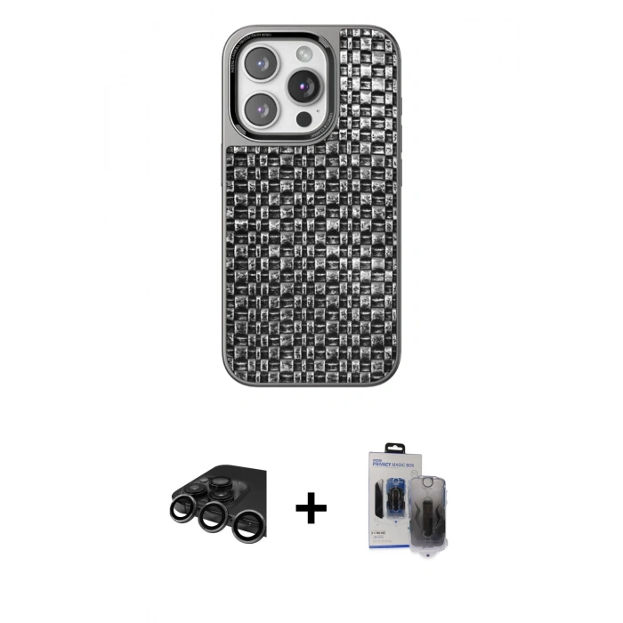 MARSİLYAN™- iPhone 15 Pro Max Kılıf Siluet Form Serisi - Siyah Vanessa Magic Hayalet Cam + Raze Metal Kamera Lens - TMGI