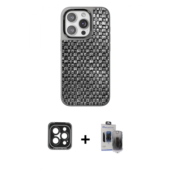 MARSİLYAN™- iPhone 15 Pro Max Kılıf Siluet Form Serisi - Siyah Vanessa Magic Hayalet Cam + PVD Metal Kamera Lens - SH