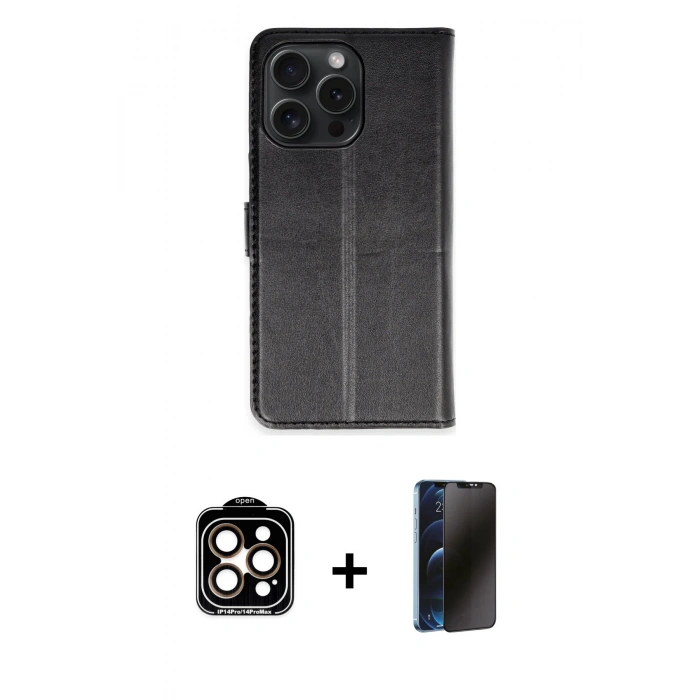 MARSİLYAN™- iPhone 15 Pro Max Kılıf Siluet Işık Serisi - Siyah 3D Antistatik Hayalet Cam Ekran Koruyucu + PVD Metal Kamera Lens - TU