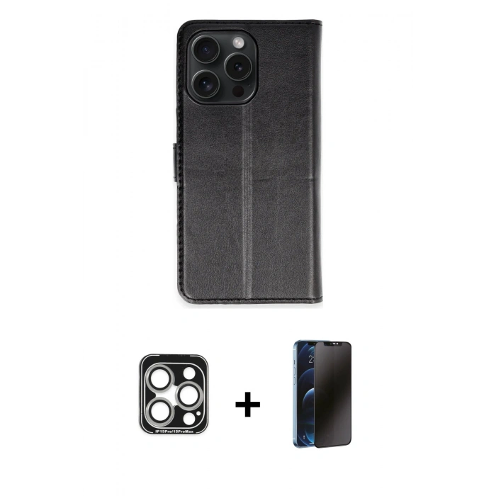 MARSİLYAN™- iPhone 15 Pro Max Kılıf Siluet Işık Serisi - Siyah 3D Antistatik Hayalet Cam Ekran Koruyucu + PVD Metal Kamera Lens - GS