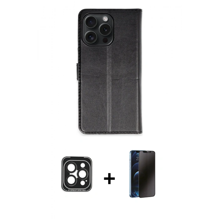 MARSİLYAN™- iPhone 15 Pro Max Kılıf Siluet Işık Serisi - Siyah 3D Antistatik Hayalet Cam Ekran Koruyucu + PVD Metal Kamera Lens - SH