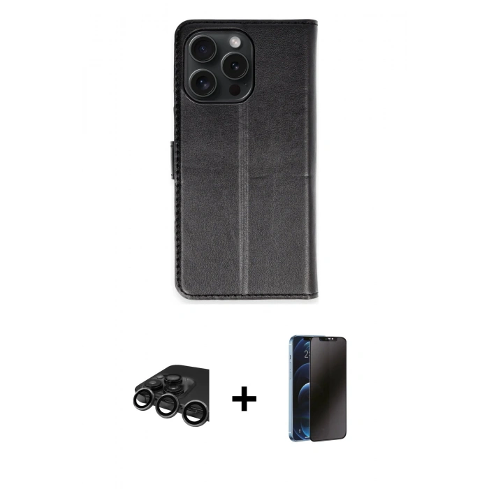 MARSİLYAN™- iPhone 15 Pro Max Kılıf Siluet Işık Serisi - Siyah 3D Antistatik Hayalet Cam Ekran Koruyucu + Raze Metal Kamera Lens - TMGI