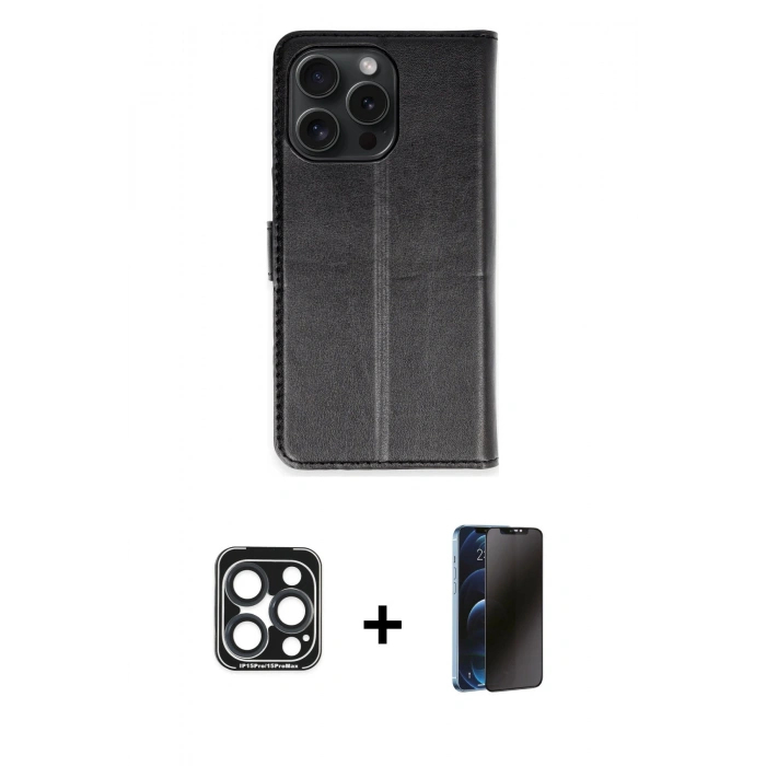 MARSİLYAN™- iPhone 15 Pro Max Kılıf Siluet Işık Serisi - Siyah 3D Antistatik Hayalet Cam Ekran Koruyucu + PVD Metal Kamera Lens - LT