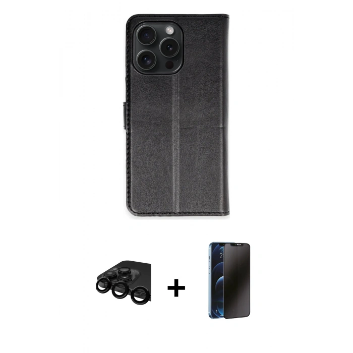 MARSİLYAN™- iPhone 15 Pro Max Kılıf Siluet Işık Serisi - Siyah 3D Antistatik Hayalet Cam Ekran Koruyucu + Raze Metal Kamera Lens - SH