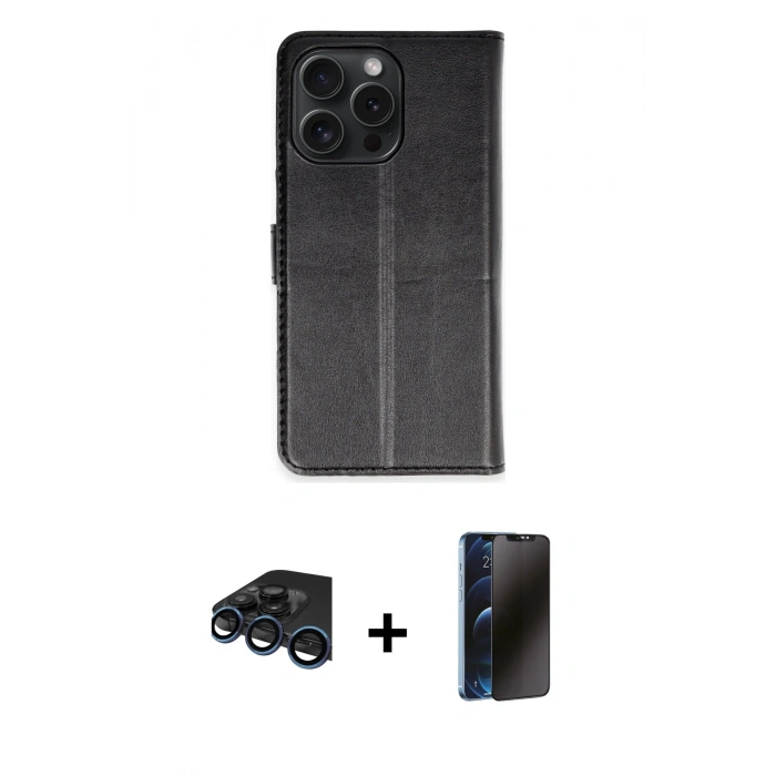 MARSİLYAN™- iPhone 15 Pro Max Kılıf Siluet Işık Serisi - Siyah 3D Antistatik Hayalet Cam Ekran Koruyucu + Raze Metal Kamera Lens - LT