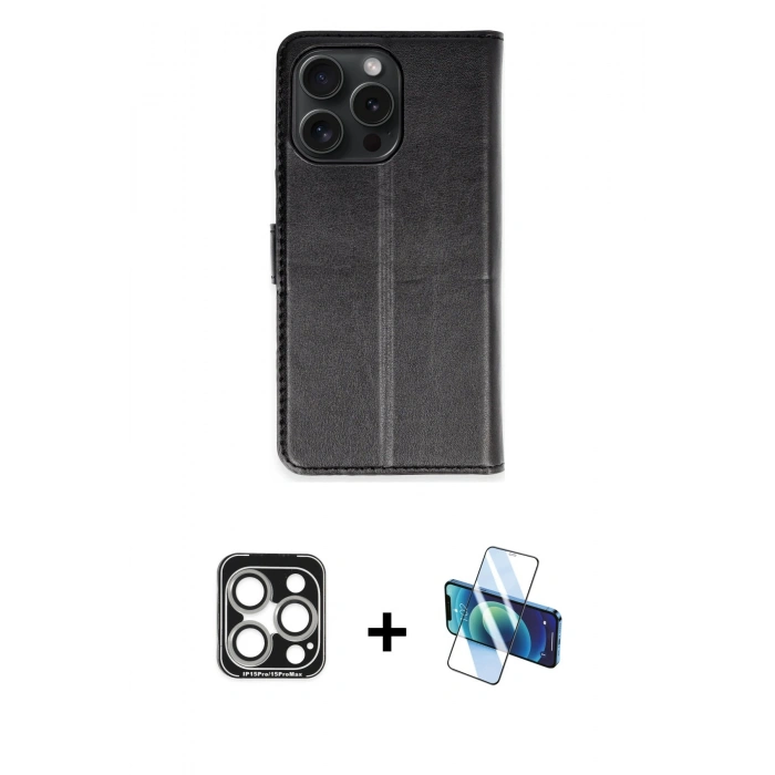 MARSİLYAN™- iPhone 15 Pro Max Kılıf Siluet Işık Serisi - Siyah 3D Antistatik Seramik Nano Ekran Koruyucu + PVD Metal Kamera Lens - GS
