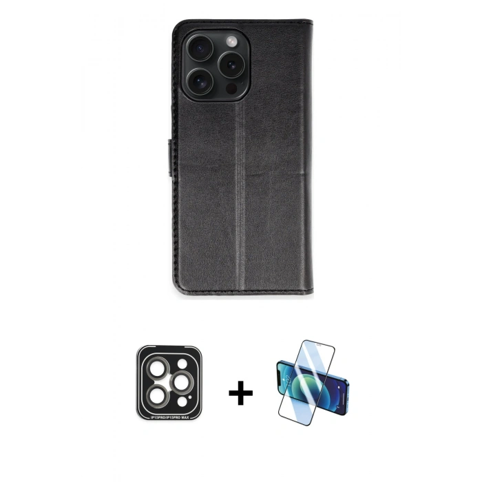 MARSİLYAN™- iPhone 15 Pro Max Kılıf Siluet Işık Serisi - Siyah 3D Antistatik Seramik Nano Ekran Koruyucu + PVD Metal Kamera Lens - GI