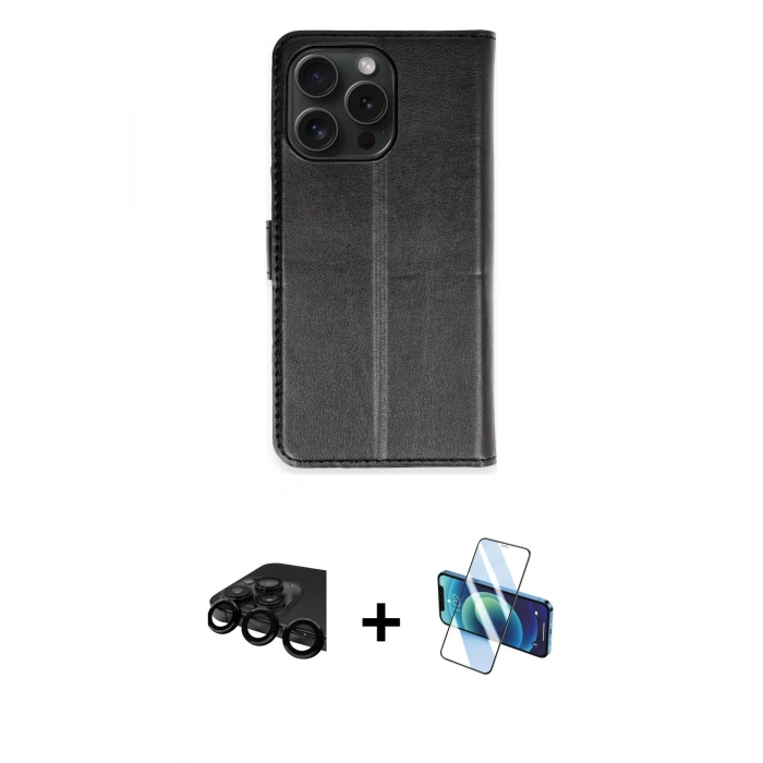 MARSİLYAN™- iPhone 15 Pro Max Kılıf Siluet Işık Serisi - Siyah 3D Antistatik Seramik Nano Ekran Koruyucu + Siyah Raze Metal Kamera Lens
