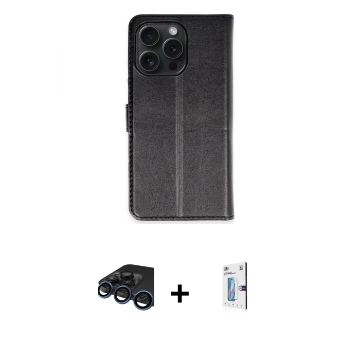 MARSİLYAN™- iPhone 15 Pro Max Kılıf Siluet Işık Serisi - Siyah Bilvis 0.18mm Plus Cam Ekran Koruyucu + Lacivert Raze Metal Kamera Lens