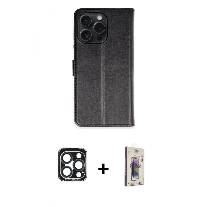 MARSİLYAN™- iPhone 15 Pro Max Kılıf Siluet Işık Serisi - Siyah Bilvis 3D Cam Ekran Koruyucu + PVD Metal Kamera Lens - LT