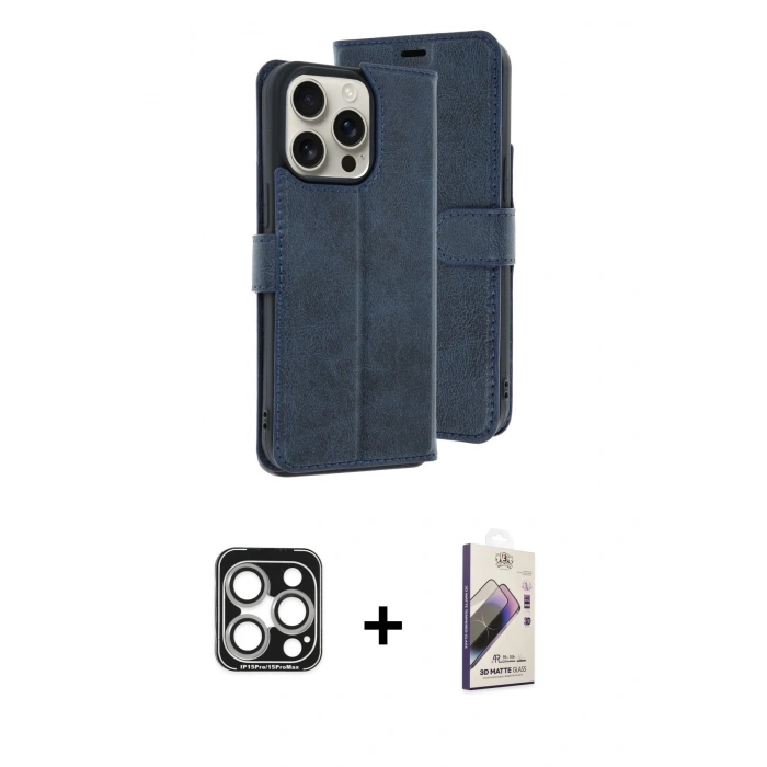 MARSİLYAN™- iPhone 15 Pro Max Kılıf Siluet Işık Serisi - Siyah Bilvis 3D Mat Cam Ekran Koruyucu + Gümüş PVD Metal Kamera Lens