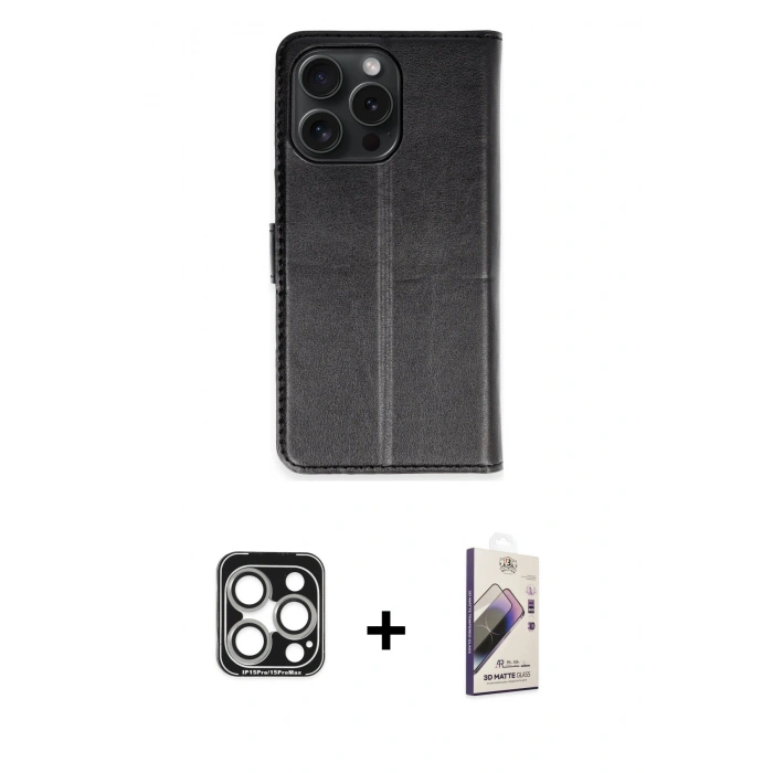 MARSİLYAN™- iPhone 15 Pro Max Kılıf Siluet Işık Serisi - Siyah Bilvis 3D Mat Cam Ekran Koruyucu + Gümüş PVD Metal Kamera Lens