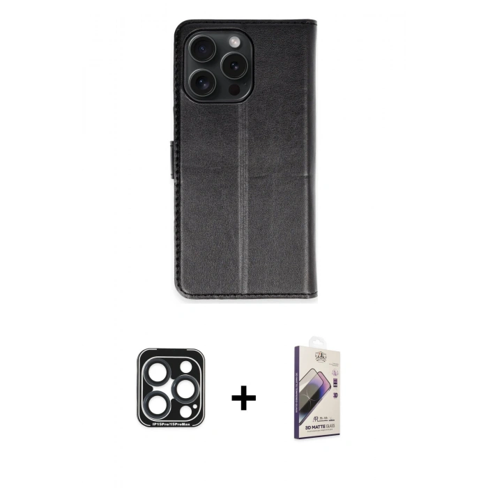 MARSİLYAN™- iPhone 15 Pro Max Kılıf Siluet Işık Serisi - Siyah Bilvis 3D Mat Cam Ekran Koruyucu + PVD Metal Kamera Lens - LT