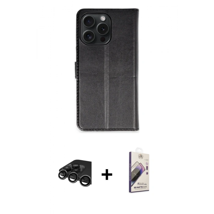 MARSİLYAN™- iPhone 15 Pro Max Kılıf Siluet Işık Serisi - Siyah Bilvis 3D Mat Cam Ekran Koruyucu + Raze Metal Kamera Lens - TMGI