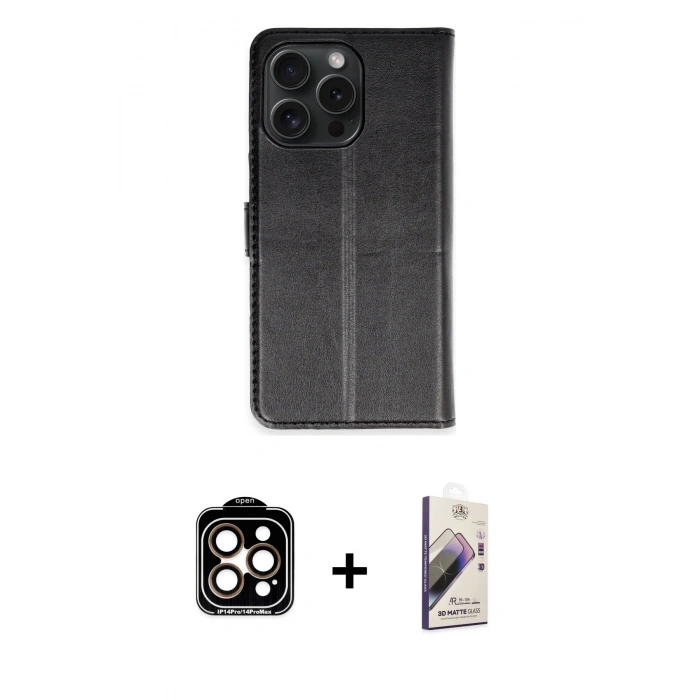 MARSİLYAN™- iPhone 15 Pro Max Kılıf Siluet Işık Serisi - Siyah Bilvis 3D Mat Cam Ekran Koruyucu + PVD Metal Kamera Lens - TU