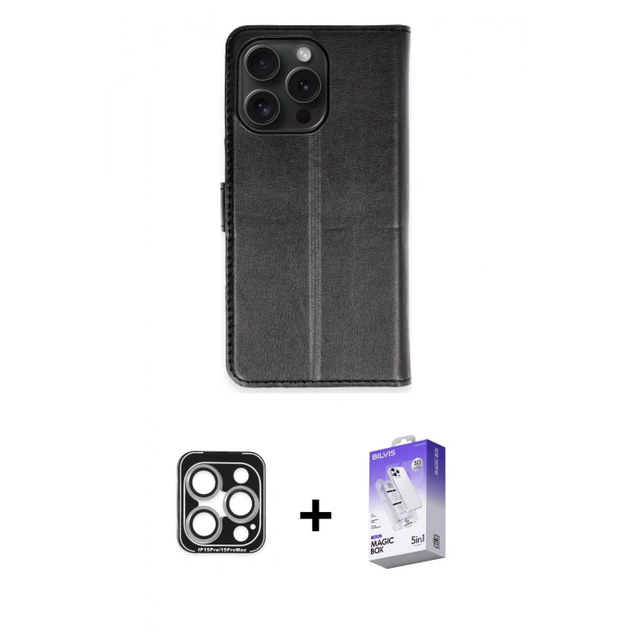 MARSİLYAN™- iPhone 15 Pro Max Kılıf Siluet Işık Serisi - Siyah Bilvis 5in1 3D Magic Cam Ekran Koruyucu + PVD Metal Kamera Lens - GS