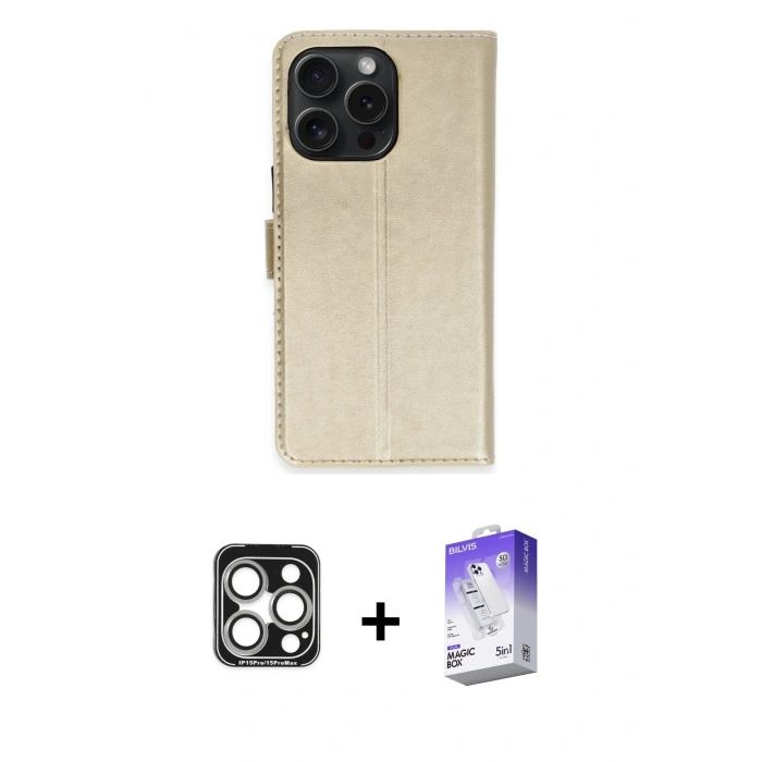 MARSİLYAN™- iPhone 15 Pro Max Kılıf Siluet Işık Serisi - Siyah Bilvis 5in1 3D Magic Cam Ekran Koruyucu + PVD Metal Kamera Lens - GS