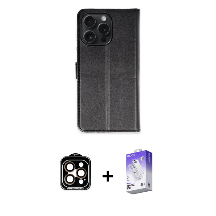MARSİLYAN™- iPhone 15 Pro Max Kılıf Siluet Işık Serisi - Siyah Bilvis 5in1 3D Magic Cam Ekran Koruyucu + PVD Metal Kamera Lens - TU