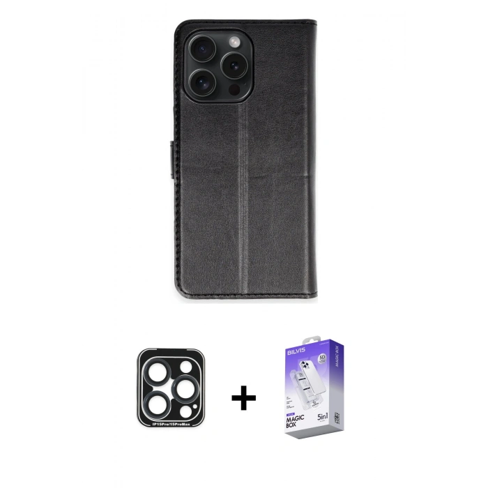 MARSİLYAN™- iPhone 15 Pro Max Kılıf Siluet Işık Serisi - Siyah Bilvis 5in1 3D Magic Cam Ekran Koruyucu + PVD Metal Kamera Lens - LT