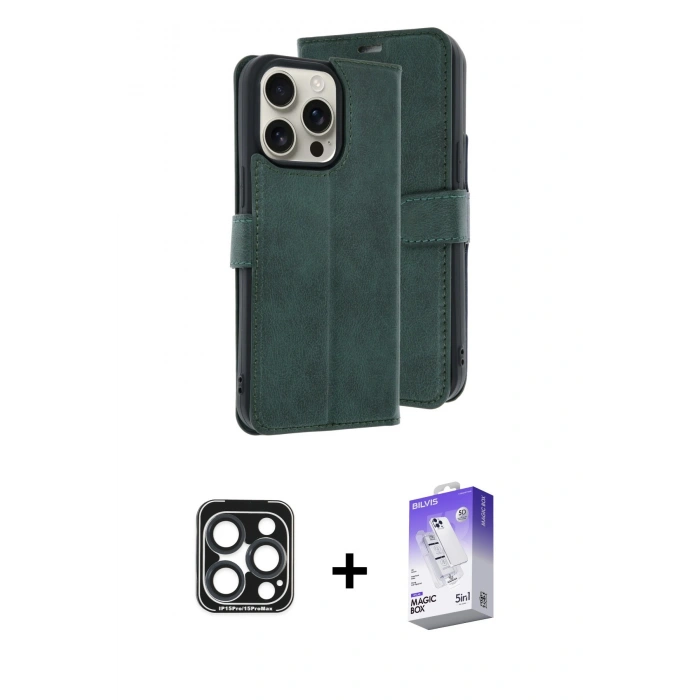 MARSİLYAN™- iPhone 15 Pro Max Kılıf Siluet Işık Serisi - Siyah Bilvis 5in1 3D Magic Cam Ekran Koruyucu + PVD Metal Kamera Lens - LT