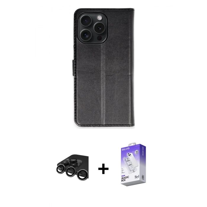 MARSİLYAN™- iPhone 15 Pro Max Kılıf Siluet Işık Serisi - Siyah Bilvis 5in1 3D Magic Cam Ekran Koruyucu + Raze Metal Kamera Lens - TMGI