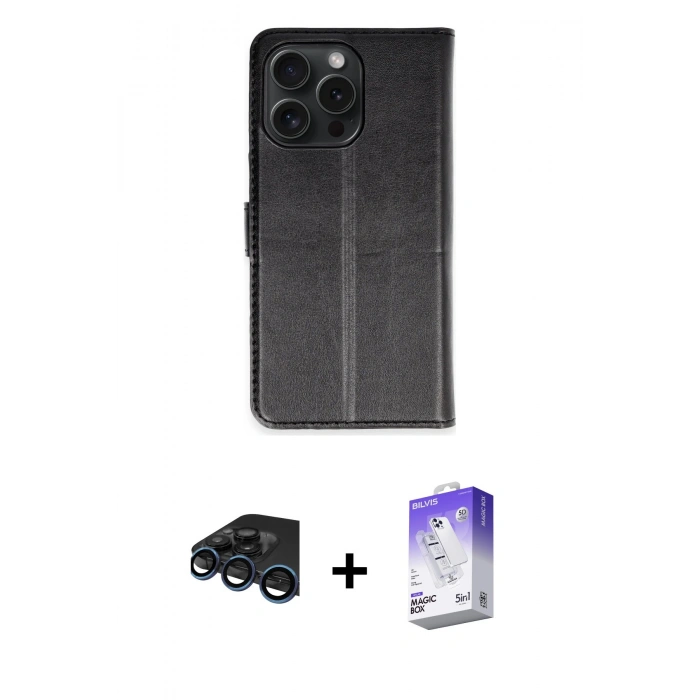 MARSİLYAN™- iPhone 15 Pro Max Kılıf Siluet Işık Serisi - Siyah Bilvis 5in1 3D Magic Cam Ekran Koruyucu + Raze Metal Kamera Lens - LT