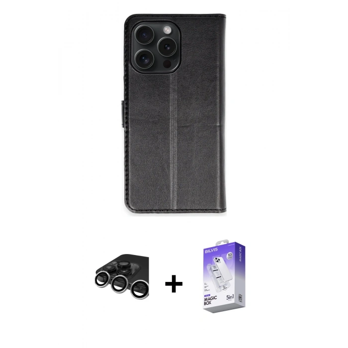 MARSİLYAN™- iPhone 15 Pro Max Kılıf Siluet Işık Serisi - Siyah Bilvis 5in1 3D Magic Cam Ekran Koruyucu + Raze Metal Kamera Lens - GS