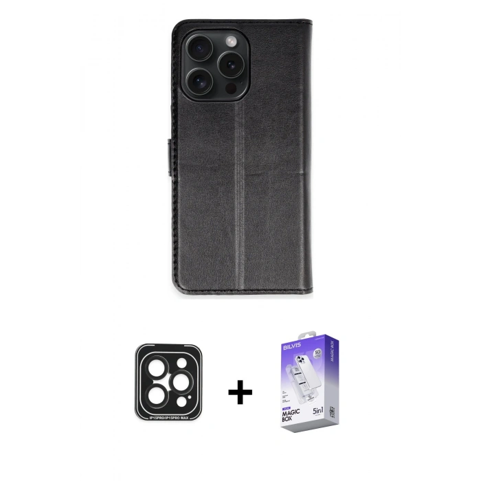 MARSİLYAN™- iPhone 15 Pro Max Kılıf Siluet Işık Serisi - Siyah Bilvis 5in1 3D Magic Cam Ekran Koruyucu + Siyah PVD Metal Kamera Lens