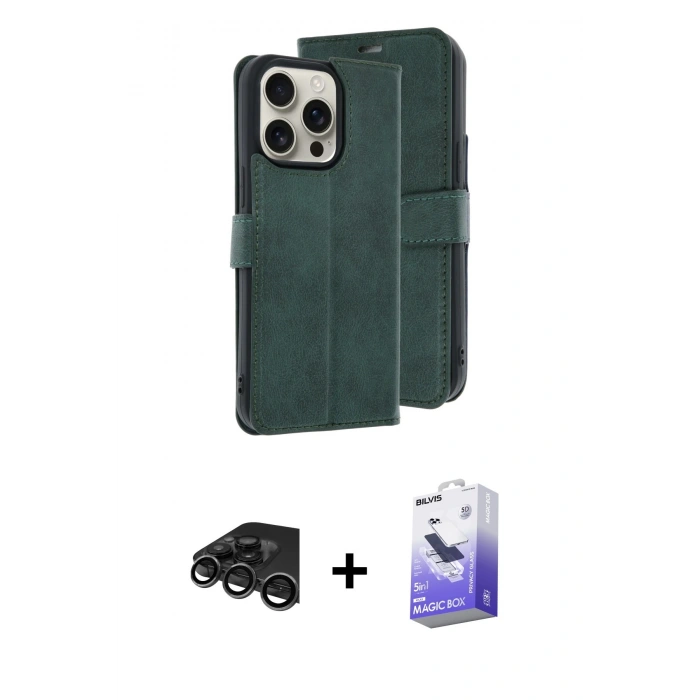 MARSİLYAN™- iPhone 15 Pro Max Kılıf Siluet Işık Serisi - Siyah Bilvis 5in1 5D Magic Hayalet Cam Ekran Koruyucu + Raze Metal Kamera Lens - TMGI
