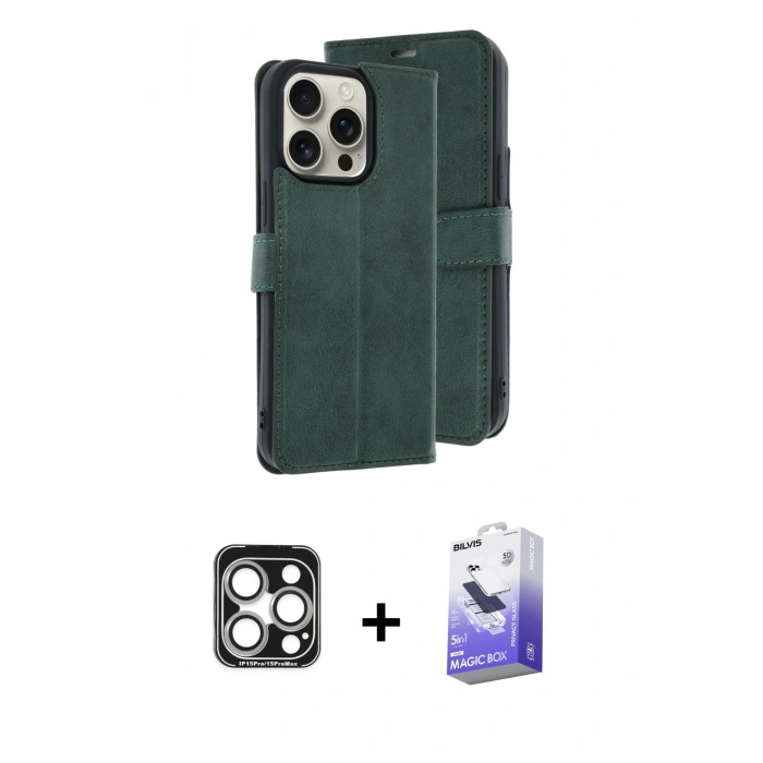 MARSİLYAN™- iPhone 15 Pro Max Kılıf Siluet Işık Serisi - Siyah Bilvis 5in1 5D Magic Hayalet Cam Ekran Koruyucu + PVD Metal Kamera Lens - GS