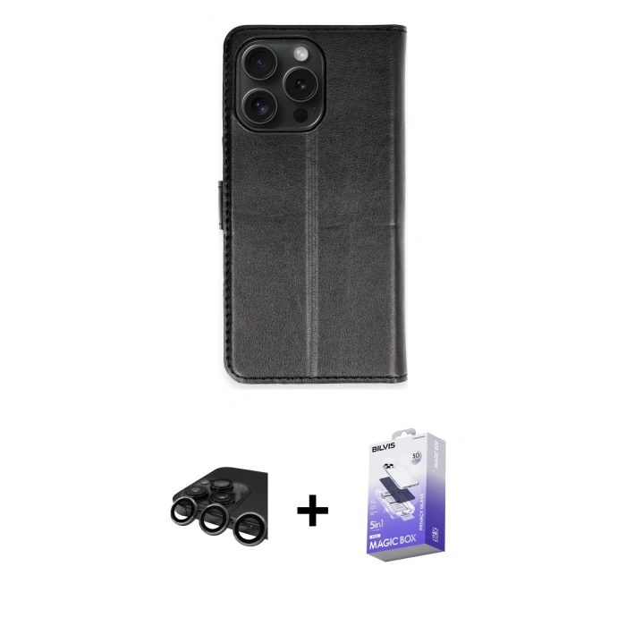 MARSİLYAN™- iPhone 15 Pro Max Kılıf Siluet Işık Serisi - Siyah Bilvis 5in1 5D Magic Hayalet Cam Ekran Koruyucu + Raze Metal Kamera Lens - TMGI
