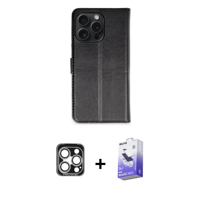 MARSİLYAN™- iPhone 15 Pro Max Kılıf Siluet Işık Serisi - Siyah Bilvis 5in1 5D Magic Hayalet Cam Ekran Koruyucu + PVD Metal Kamera Lens - GS