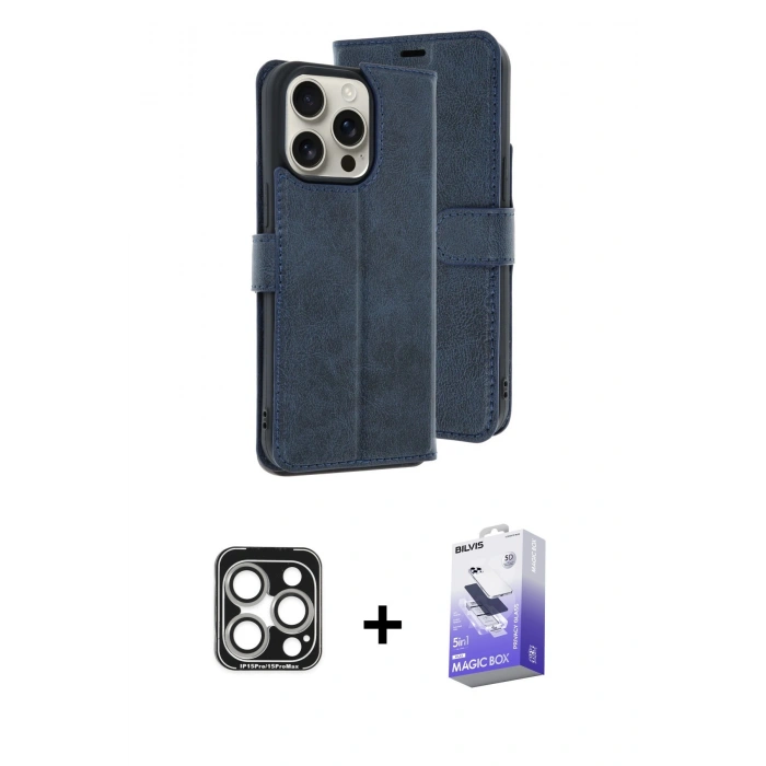 MARSİLYAN™- iPhone 15 Pro Max Kılıf Siluet Işık Serisi - Siyah Bilvis 5in1 5D Magic Hayalet Cam Ekran Koruyucu + PVD Metal Kamera Lens - GS