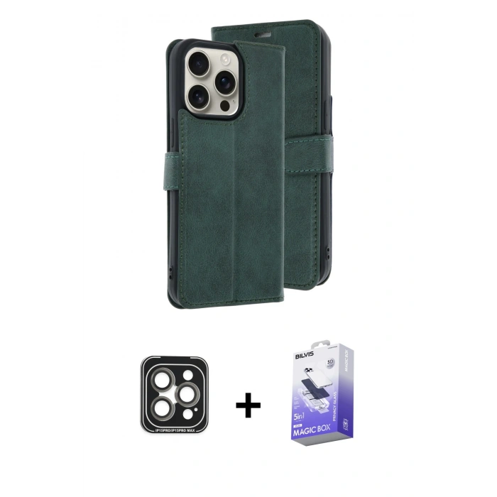 MARSİLYAN™- iPhone 15 Pro Max Kılıf Siluet Işık Serisi - Siyah Bilvis 5in1 5D Magic Hayalet Cam Ekran Koruyucu + Gri PVD Metal Kamera Lens