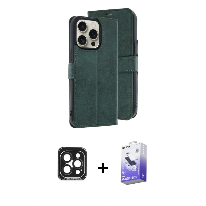 MARSİLYAN™- iPhone 15 Pro Max Kılıf Siluet Işık Serisi - Siyah Bilvis 5in1 5D Magic Hayalet Cam Ekran Koruyucu + PVD Metal Kamera Lens - SH
