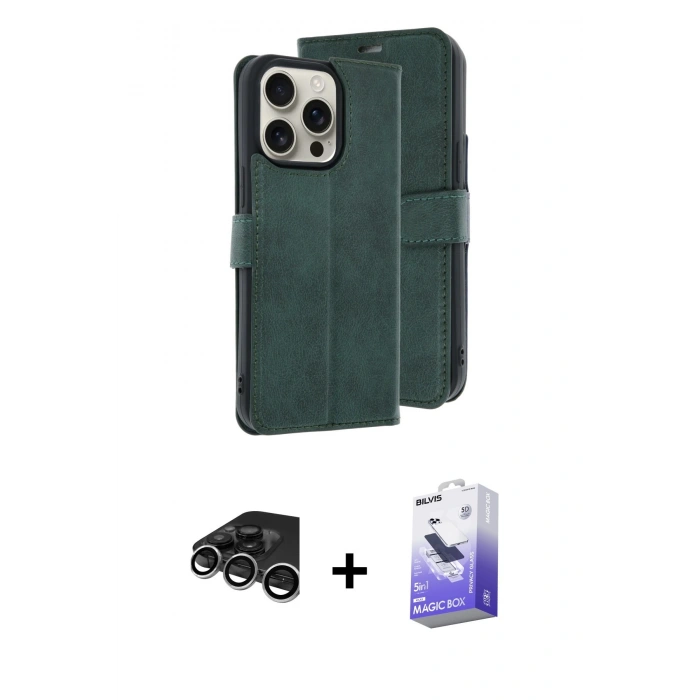 MARSİLYAN™- iPhone 15 Pro Max Kılıf Siluet Işık Serisi - Siyah Bilvis 5in1 5D Magic Hayalet Cam Ekran Koruyucu + Raze Metal Kamera Lens - GS
