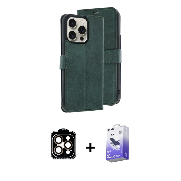 MARSİLYAN™- iPhone 15 Pro Max Kılıf Siluet Işık Serisi - Siyah Bilvis 5in1 5D Magic Hayalet Cam Ekran Koruyucu + PVD Metal Kamera Lens - TU