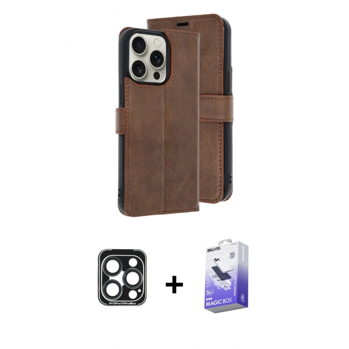 MARSİLYAN™- iPhone 15 Pro Max Kılıf Siluet Işık Serisi - Siyah Bilvis 5in1 5D Magic Hayalet Cam Ekran Koruyucu + PVD Metal Kamera Lens - LT