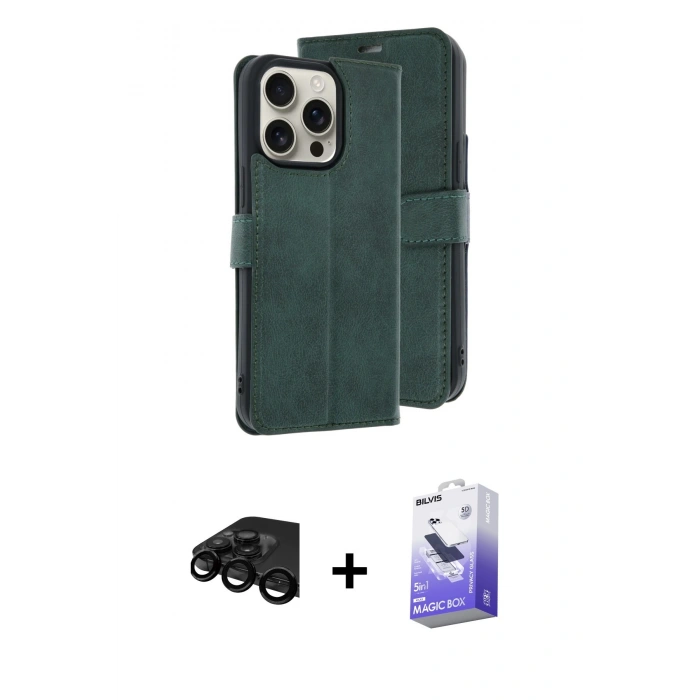 MARSİLYAN™- iPhone 15 Pro Max Kılıf Siluet Işık Serisi - Siyah Bilvis 5in1 5D Magic Hayalet Cam Ekran Koruyucu + Raze Metal Kamera Lens - SH