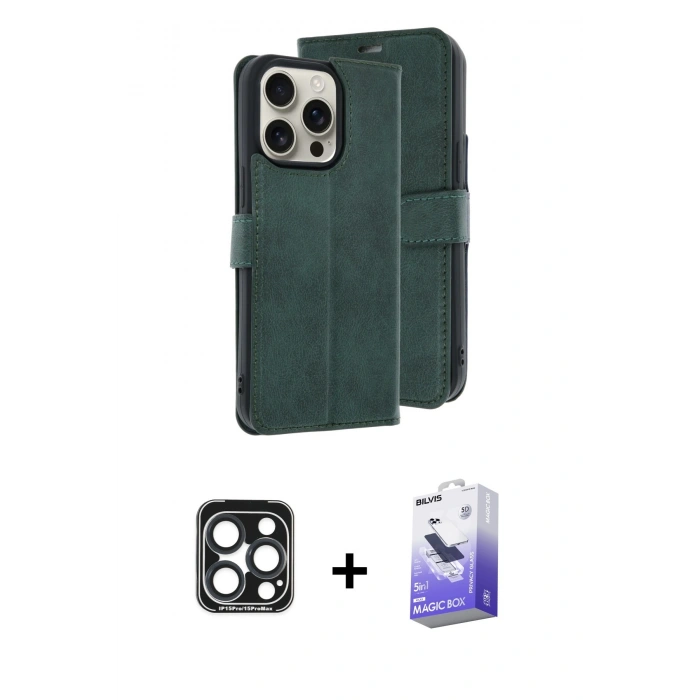 MARSİLYAN™- iPhone 15 Pro Max Kılıf Siluet Işık Serisi - Siyah Bilvis 5in1 5D Magic Hayalet Cam Ekran Koruyucu + PVD Metal Kamera Lens - LT