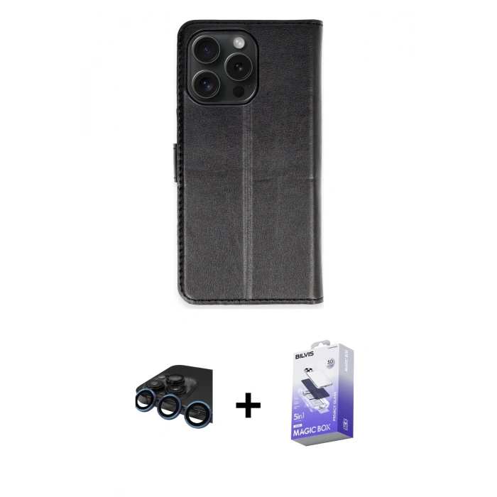 MARSİLYAN™- iPhone 15 Pro Max Kılıf Siluet Işık Serisi - Siyah Bilvis 5in1 5D Magic Hayalet Cam Ekran Koruyucu + Raze Metal Kamera Lens - LT
