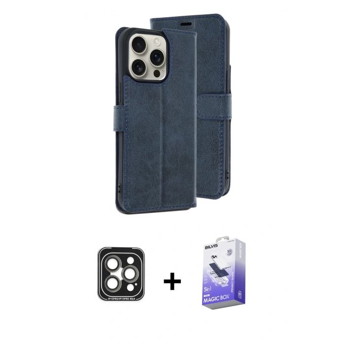 MARSİLYAN™- iPhone 15 Pro Max Kılıf Siluet Işık Serisi - Siyah Bilvis 5in1 5D Magic Hayalet Cam Ekran Koruyucu + Gri PVD Metal Kamera Lens