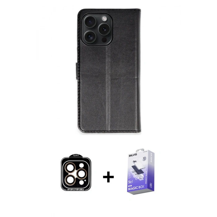 MARSİLYAN™- iPhone 15 Pro Max Kılıf Siluet Işık Serisi - Siyah Bilvis 5in1 5D Magic Hayalet Cam Ekran Koruyucu + PVD Metal Kamera Lens - TU